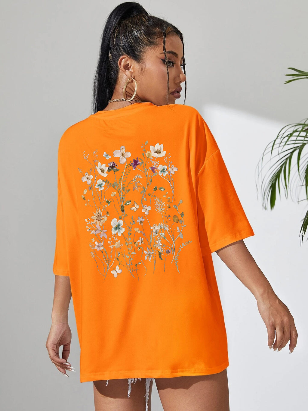 T-shirts décontractés en coton imprimés grappes de fleurs pour femmes