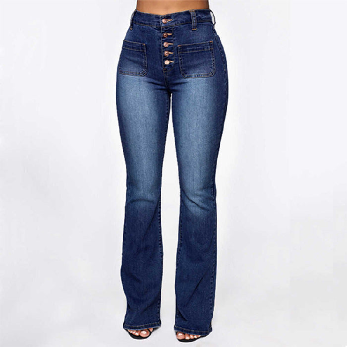 Jean Grande Taille Femme, Jean Denim Taille Haute Lavé avec Poches Plaquées