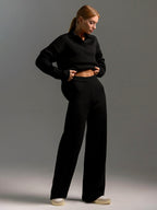 Women's Sweatshirt Suit Casual Collared Long-Sleeved Pullover Top And Loose Straight-Leg Pants Fashion Sport Trousers Set