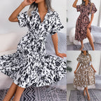 Robe chemise décontractée à lacets et imprimé léopard