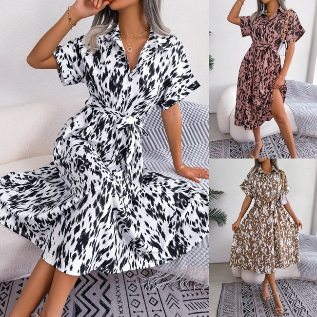 Leisure Loose Leopard Print Lace-up Shirt Dress Hover Image