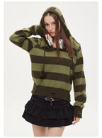 Pull à capuche d'automne femme fin à rayures contrastées