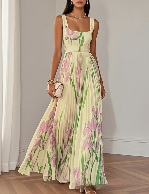Robe plissée à imprimé floral sans manches coupe trapèze, collection été pour femme Main Image