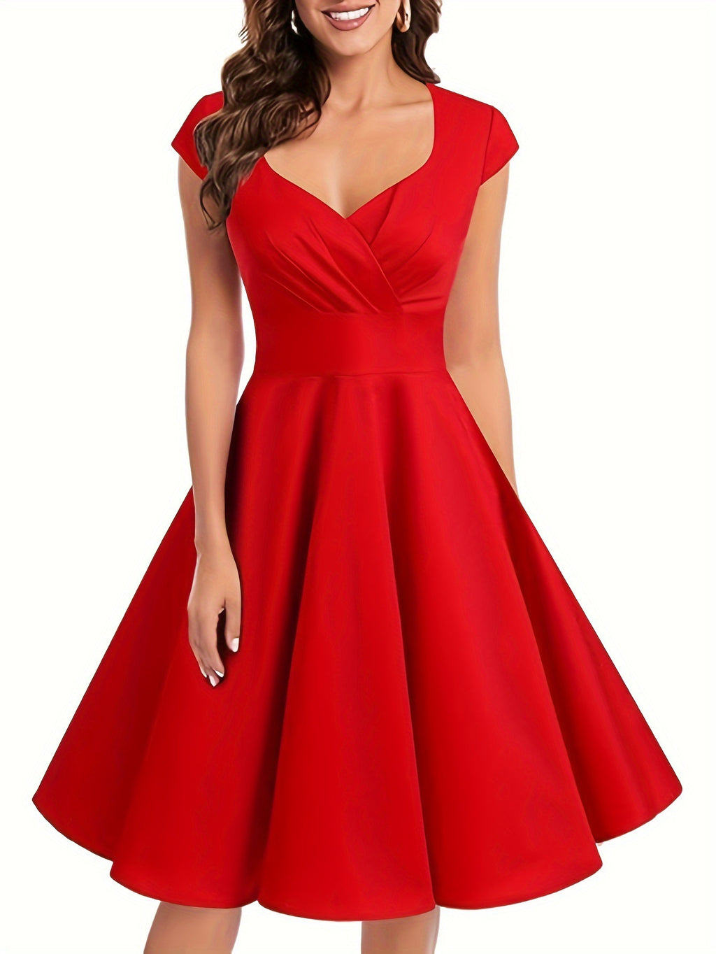 Robe mi-longue rétro pour femme, à col en V et manches mi-longues