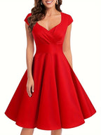 Robe mi-longue rétro pour femme, à col en V et manches mi-longues