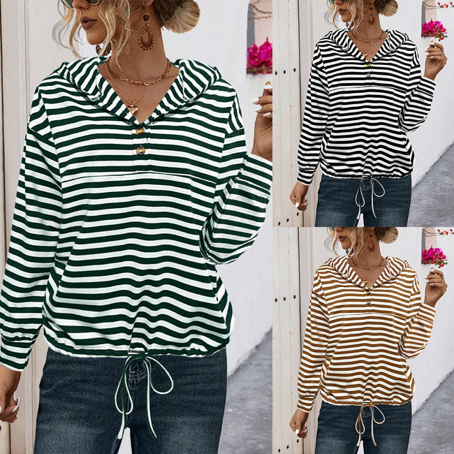 Button Striped Hooded Sweater For Women Hover Image