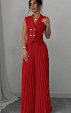 Ensemble de vêtements d'été sans manches pour femmes, avec veste à revers boutonnée et pantalon plissé droit.