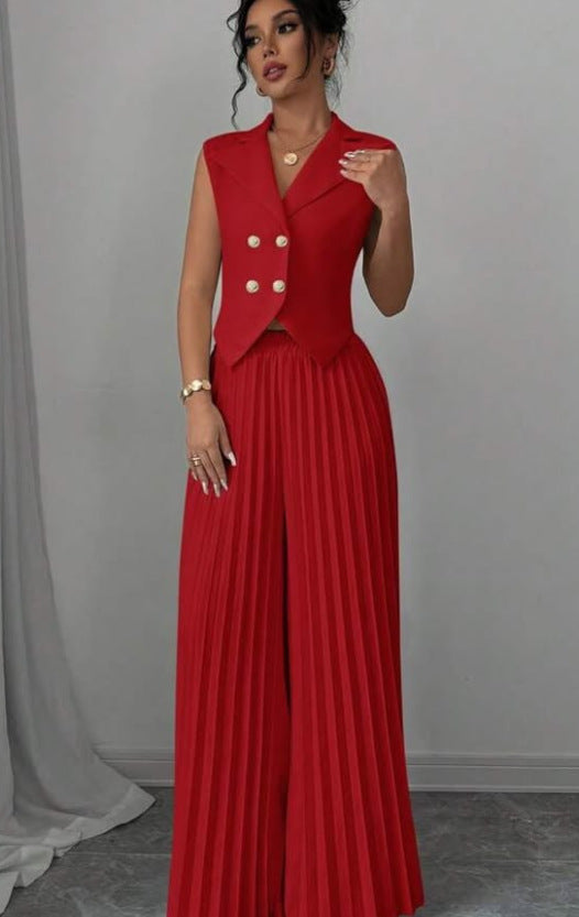Ensemble de vêtements d'été sans manches pour femmes, avec veste à revers boutonnée et pantalon plissé droit.