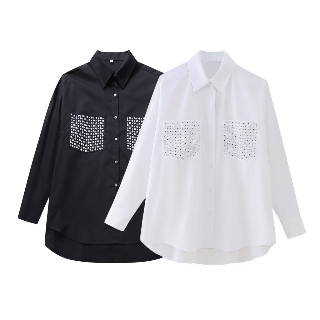 Chemise ample à manches longues ornée de rivets, style streetwear pour femme