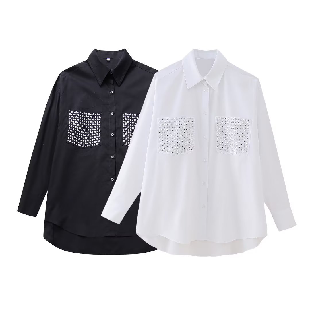 Chemise ample à manches longues ornée de rivets, style streetwear pour femme