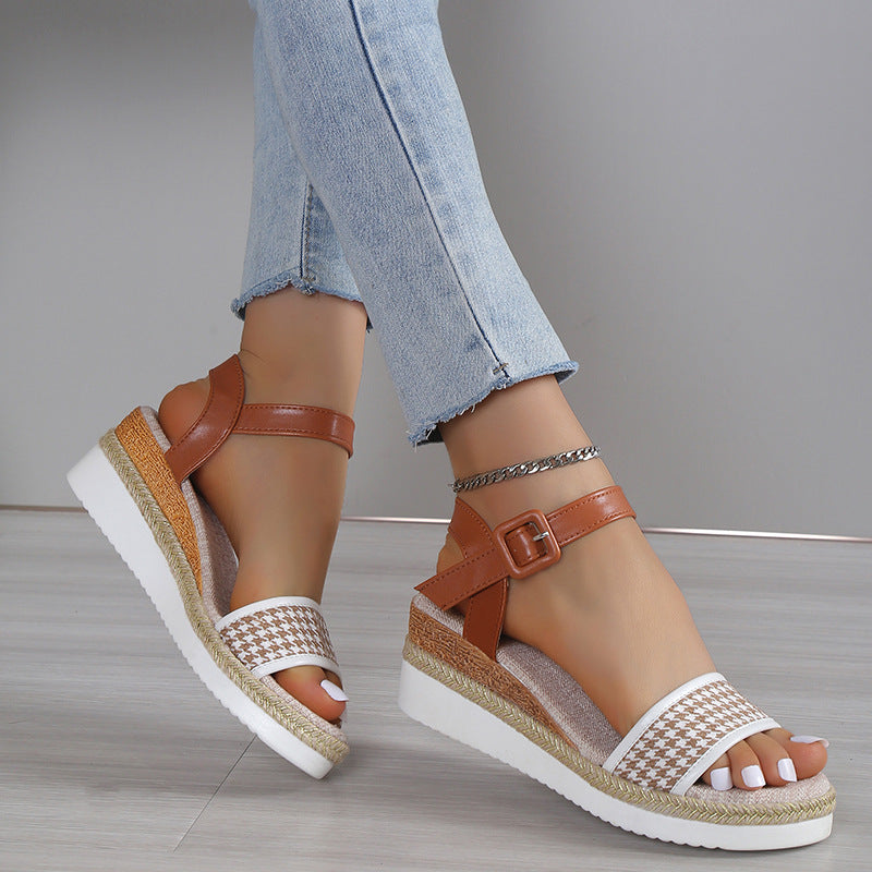 Sandales à imprimé pied-de-poule pour femme, chaussures habillées d'été à boucle