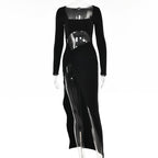 Robe longue à manches longues pour femmes, mode, col en U creux, robe de soirée de mariage fendue