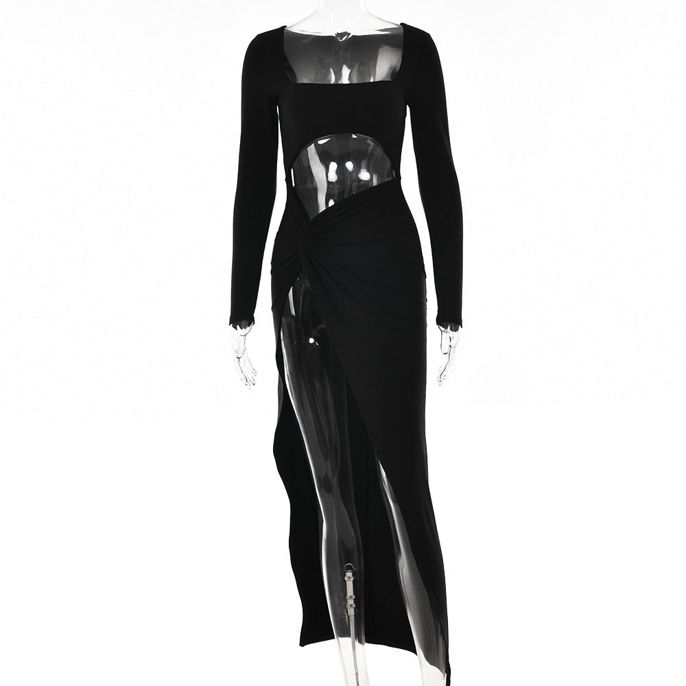 Robe longue à manches longues pour femmes, mode, col en U creux, robe de soirée de mariage fendue