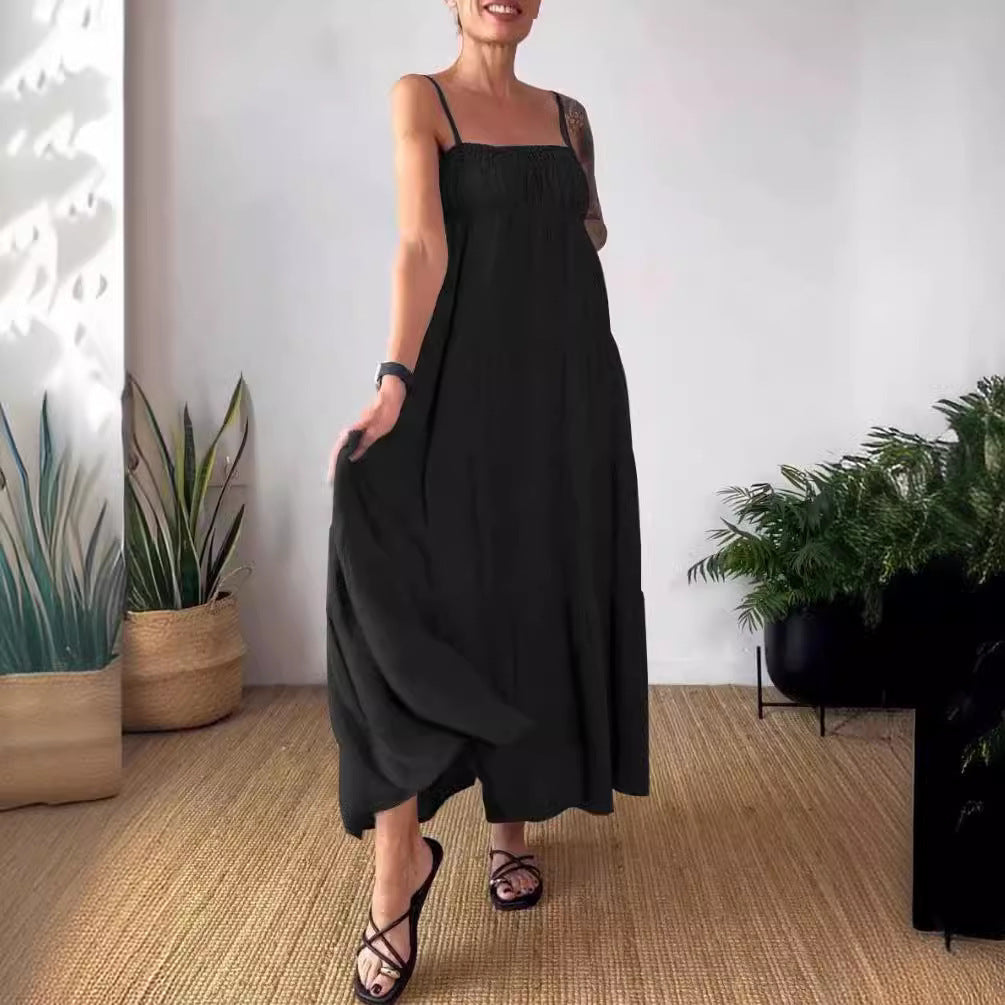 Robe plissée à bretelles et bustier unie décontractée pour femme