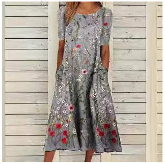 Robe décontractée en coton et lin à manches courtes et poches pour femme