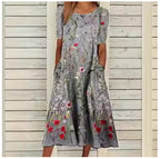 Robe décontractée en coton et lin à manches courtes et poches pour femme