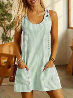 Robe d'été décontractée et amincissante pour femme, coupe droite, col U sans manches, rayures et patchwork, poches et boutons dans le dos