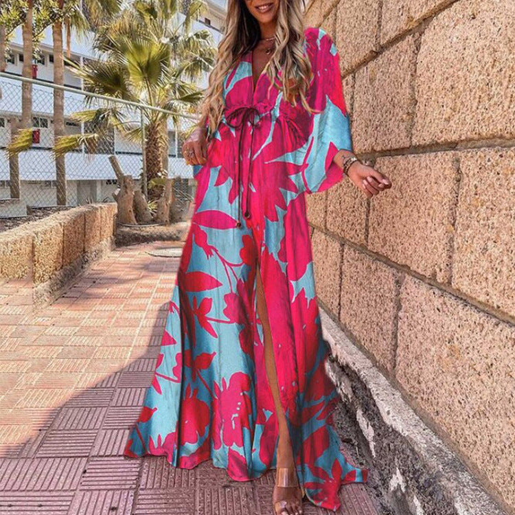 Robe longue sexy de plage asymétrique à col en V fendu