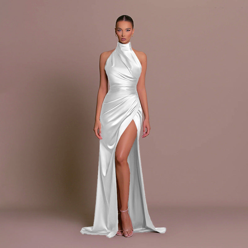 Robe longue satinée asymétrique à une épaule pour femme