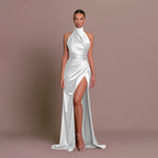 Robe longue satinée asymétrique à une épaule pour femme