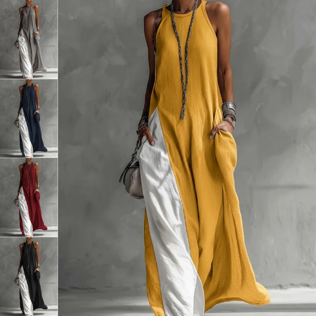Robe longue à bretelles pour femmes, type gilet trapèze, couleur contrastée, robe de plage d'été, décontractée, ample, col licou, poches latérales, fente, longues robes Hover Image