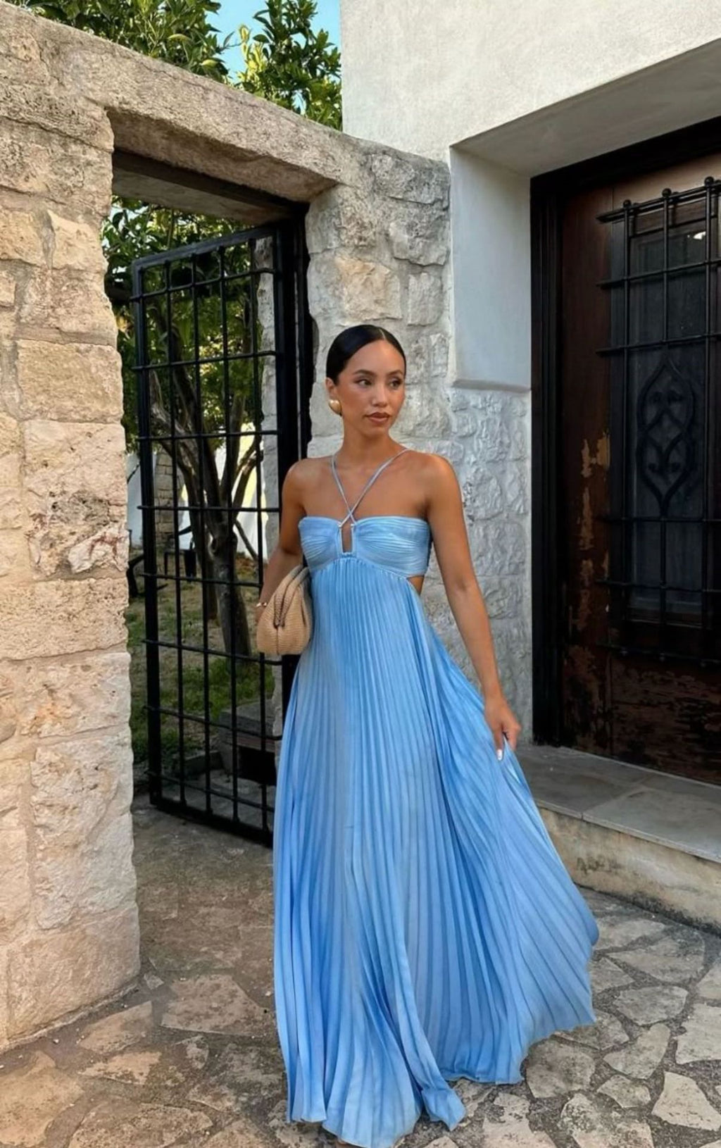 Robe longue plissée sans manches à bretelles, taille haute évidée, dos nu pour soirée, club, vêtement femme