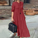 Robe longue décontractée ample à revers en coton et lin de couleur unie à large ourlet pour femme