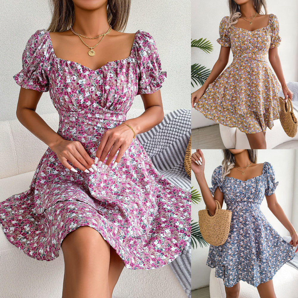 Robe Courte Femme Mini Robe Tempérament Grand Balançoire Ourlet Ample Imprimé Floral Robe Froncée Manches Courtes Taille Haute Robe D'Été Vêtements