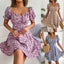 Robe Courte Femme Mini Robe Tempérament Grand Balançoire Ourlet Ample Imprimé Floral Robe Froncée Manches Courtes Taille Haute Robe D'Été Vêtements