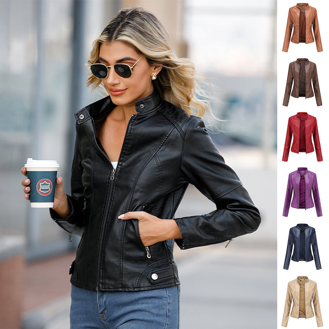 Vestes en cuir zippées pour femmes Mode couleur unie Poches Col montant Vêtements d'extérieur Hover Image