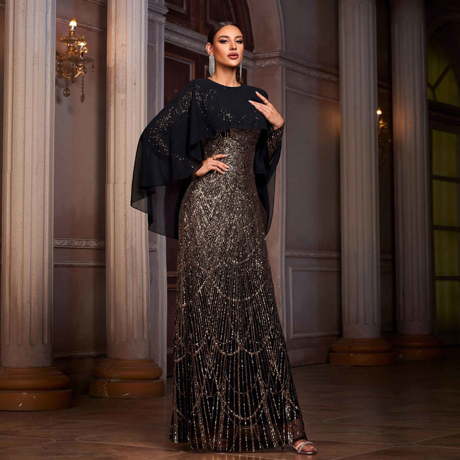 Elegant Long Sleeve Round Neck Shawl Banquet Sequined A- Line Evening Dress Main Image