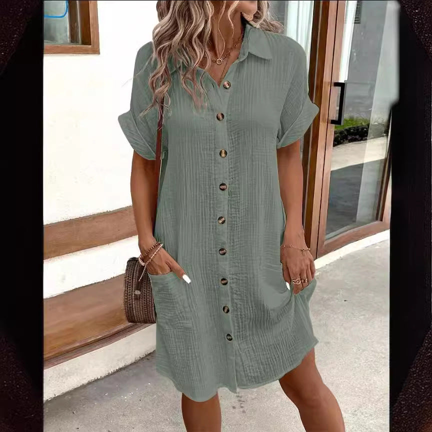 Robe chemise d'été à manches courtes, mode, couleur unie, boutonnage simple, longueur moyenne, ample