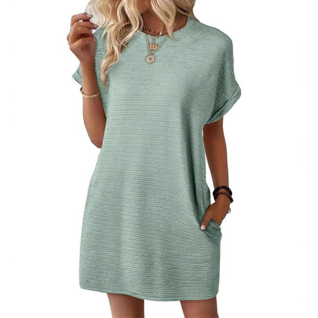 Robe Femme Courte à Manches Courtes Col Rond Ample Couleur Unie avec Poches Main Image