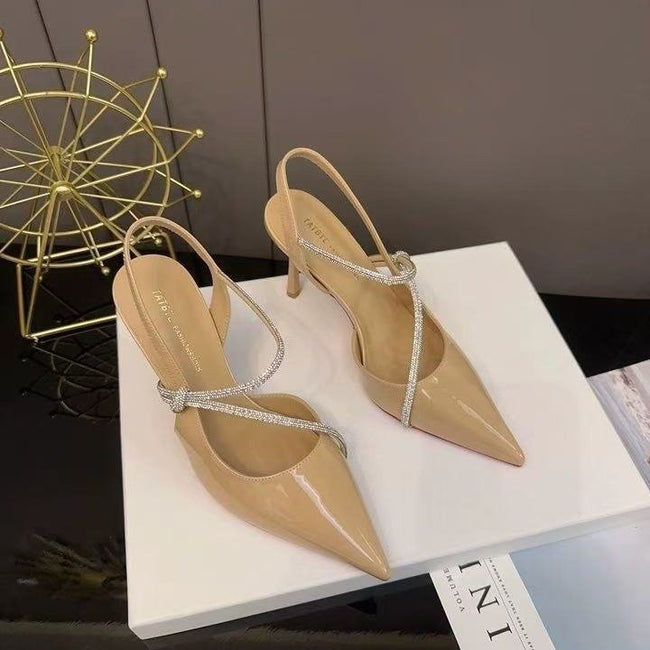Sandales à talons hauts élégantes à bout pointu et talon aiguille, en cuir verni nude avec strass, style français, pour femmes, nouvelle collection été 2026 Hover Image