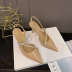 Sandales à talons hauts élégantes à bout pointu et talon aiguille, en cuir verni nude avec strass, style français, pour femmes, nouvelle collection été 2026