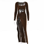 Robe longue à manches longues pour femmes, mode, col en U creux, robe de soirée de mariage fendue
