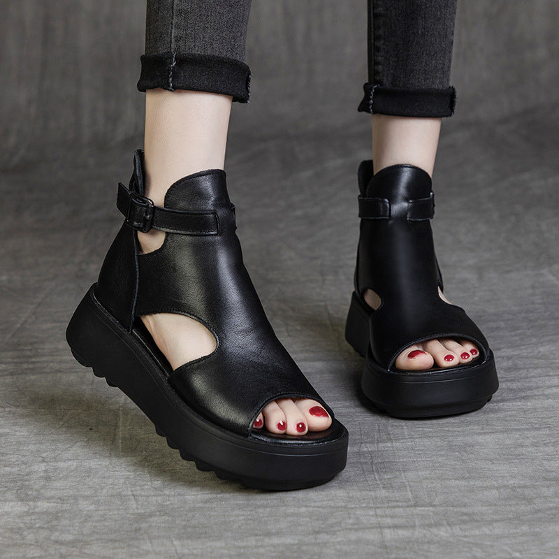 Été Nouveauté Rétro Sandales Vides Derrière Peep Toe En Cuir De Vachette Pour Femmes