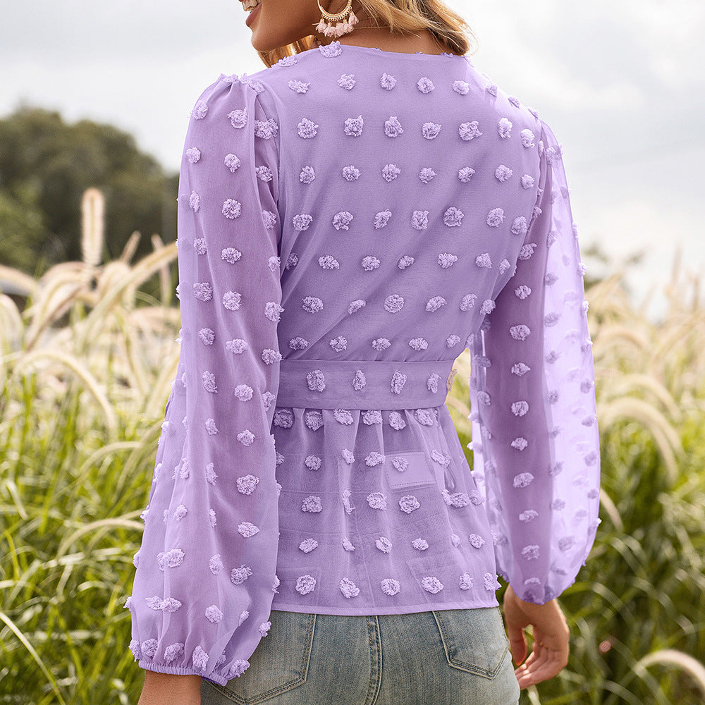 Chemisier femme à manches longues et col en V en dentelle jacquard