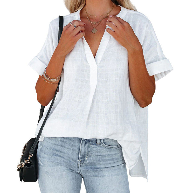Chemise d'été ample pour femme à manches courtes et col en V
