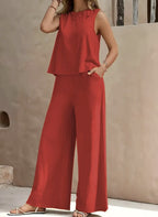 Ensemble pantalon uni décontracté et ample pour femmes, costume deux pièces élégant pour le printemps et l'été, ensemble pantalon complet, tenue féminine