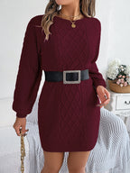 Robe Pull Femme Tricoté Torsadé Couleur Unie Manches Lanternes Resserrées
