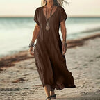 Robe ample unie en coton et lin à col en V