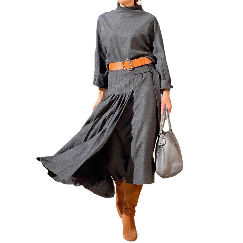 Ensemble deux pièces robe et manches longues de couleur unie pour femme, nouvelle collection automne