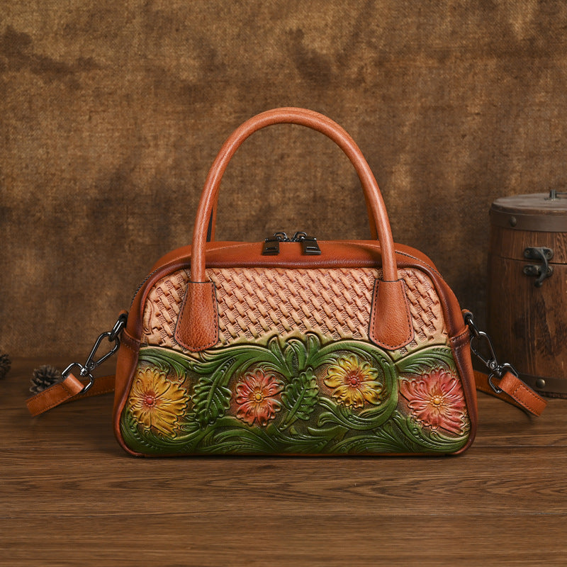 Sac à bandoulière en cuir pleine fleur, style ethnique rétro, pour femmes