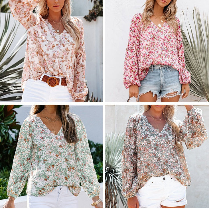 Chemisier Femme Manches Lanterne Imprimé Floral Mousseline