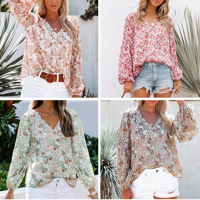 Chemisier Femme Manches Lanterne Imprimé Floral Mousseline Main Image