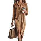 Robe Décontractée Chic à Col Rabattu et Boutons, Robe de Soirée Simple Unie pour Femmes Printemps Automne, Robe Longue à Manches pour Dames en Vacances
