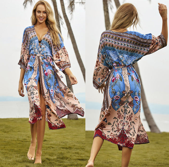 Robe longue cardigan paréo de plage imprimée en rayonne à motif filigrane Main Image