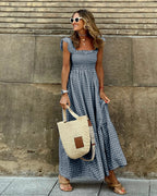 Robe plissée à volants imprimé écossais été, mode INS, sans manches, coupe trapèze, ample, pour la plage, vêtements pour femmes