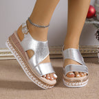 Sandales compensées européennes et américaines grande taille à bout ouvert avec bride élastique, talons hauts, sandales romaines en argent pour femmes